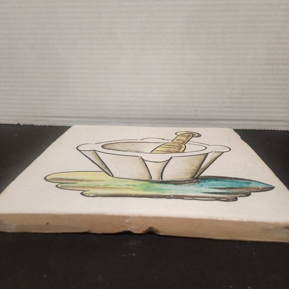 Vintage Kitchen ClayTile Hand Painted with a Mortar & Pestle Grazed 8.25" - Picture 4 of 6